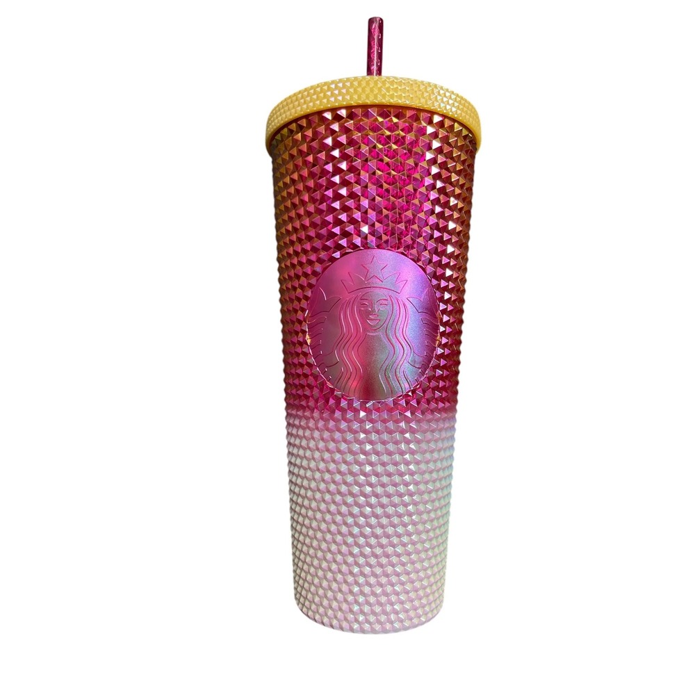 Starbucks 2024‎ Pink Ombre Studded Venti Tumbler 24oz Cold Cup Grid Iridescent